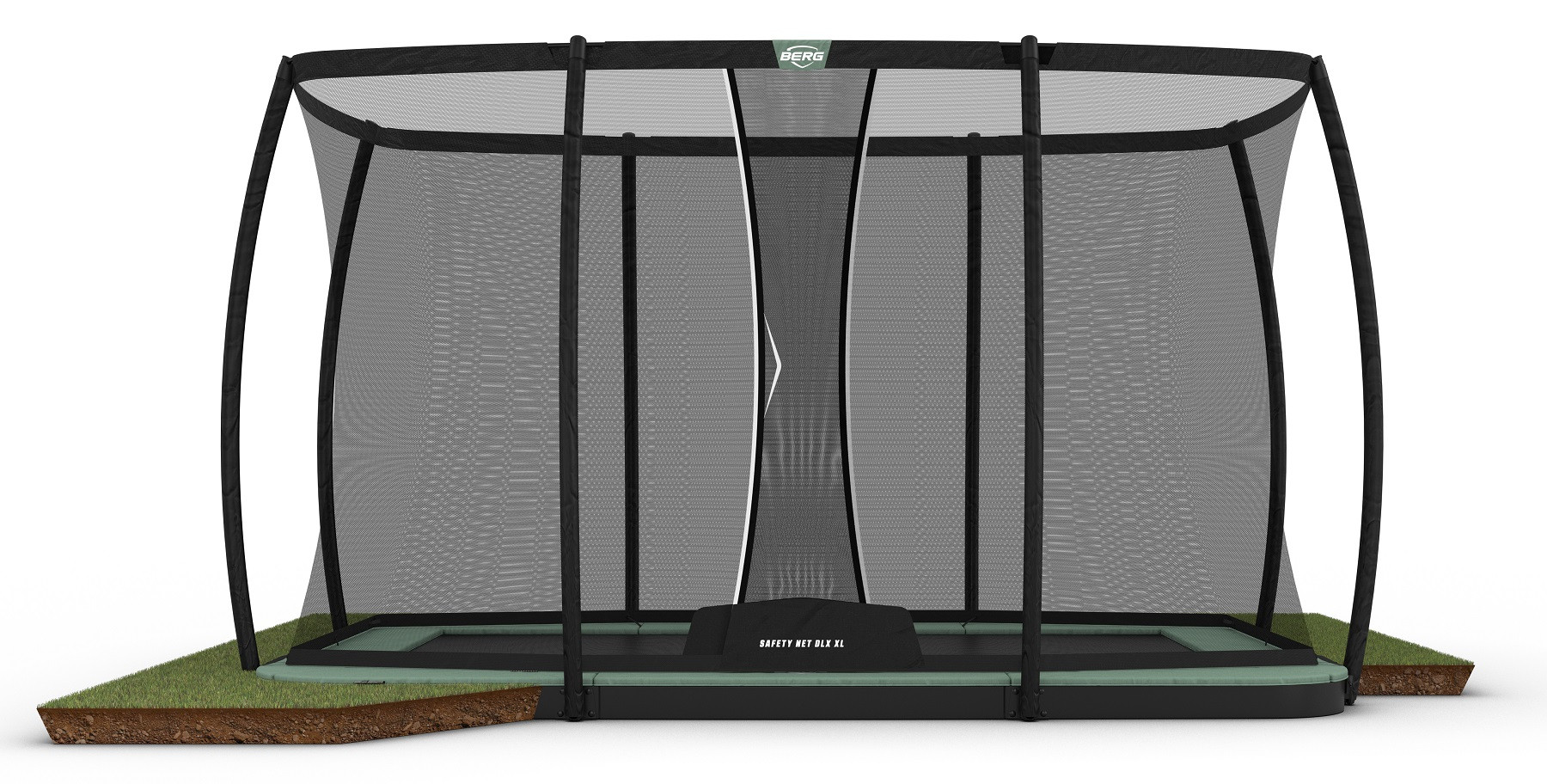 BERG Trampolin Ultim Champion ECO mit Sicherheitsnetz - Safetynet Deluxe XL - Flachboden - 410 x 250 cm - Grün - Airflow PRO Sprungmatte - Twinspring