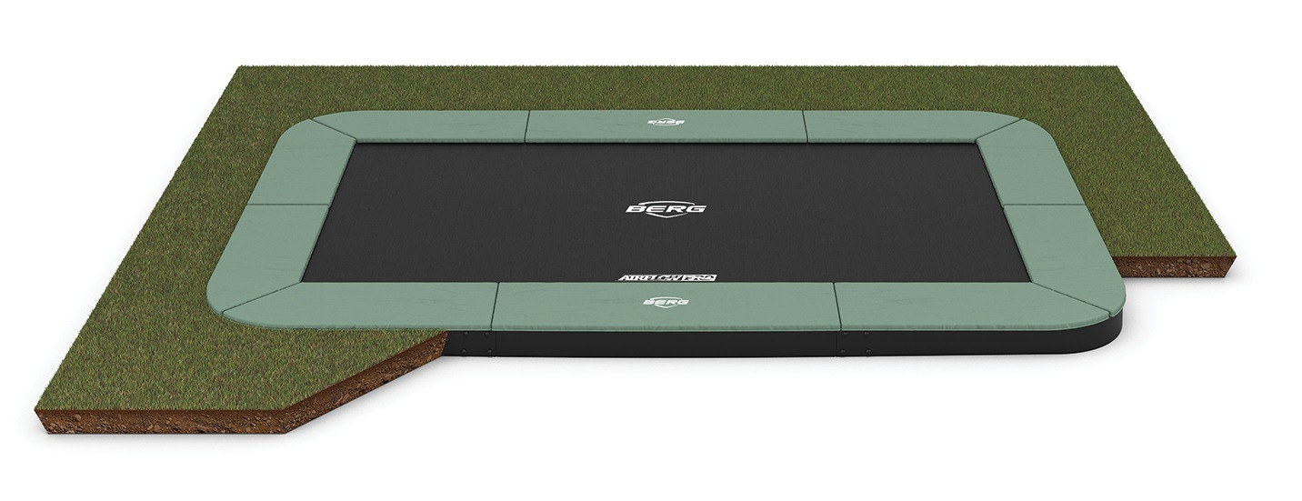 BERG Trampolin Ultim Champion ECO - FlatGround - 410 x 250 cm - Grün - Airflow PRO Sprungmatte - Doppelfeder