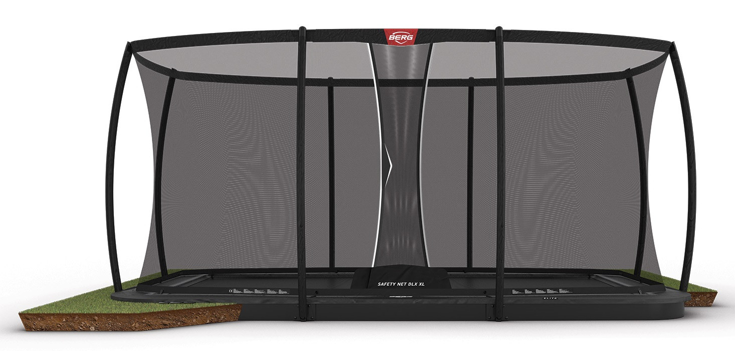BERG Elite rechteckiges FlatGround Trampolin 500cm mit Sicherheitsnetz Deluxe XL - Anthrazit Grau