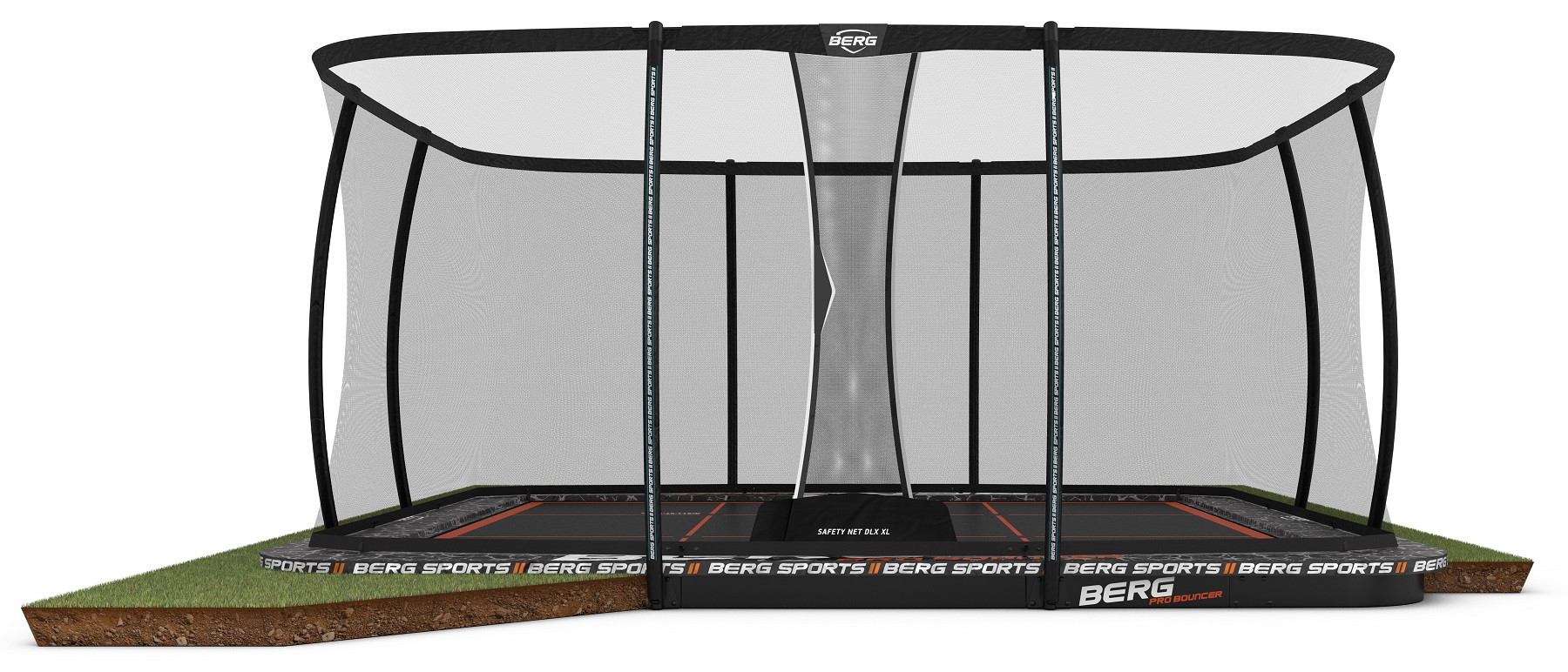 BERG Trampolin Ultim Pro Hüpfburg mit Sicherheitsnetz - Safetynet Deluxe XL - FlatGround - 500 x 500 cm - Airflow PRO Sprungmatte - Twinspring PRO