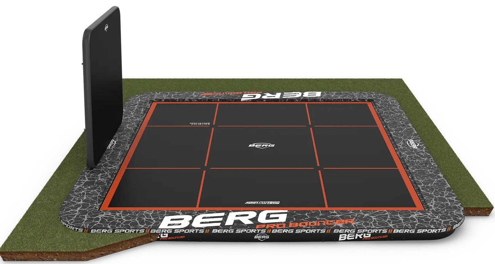 BERG Trampolin Ultim Pro Bouncer - FlatGround - 500 x 500 cm - mit Aerowall Schwarz/Grau - Airflow PRO Sprungtuch - Twinspring PRO