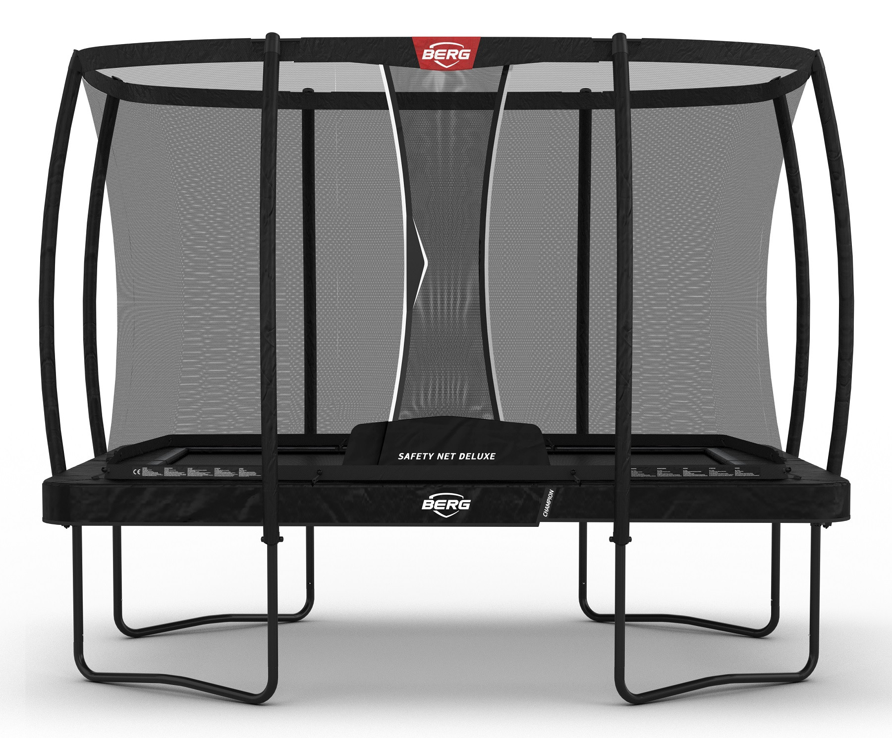 BERG Trampolin Ultim Champion mit Sicherheitsnetz - Safetynet Deluxe - 330 x 220 cm - Schwarz Limited Edition - mit Airflow PRO Sprungmatte 