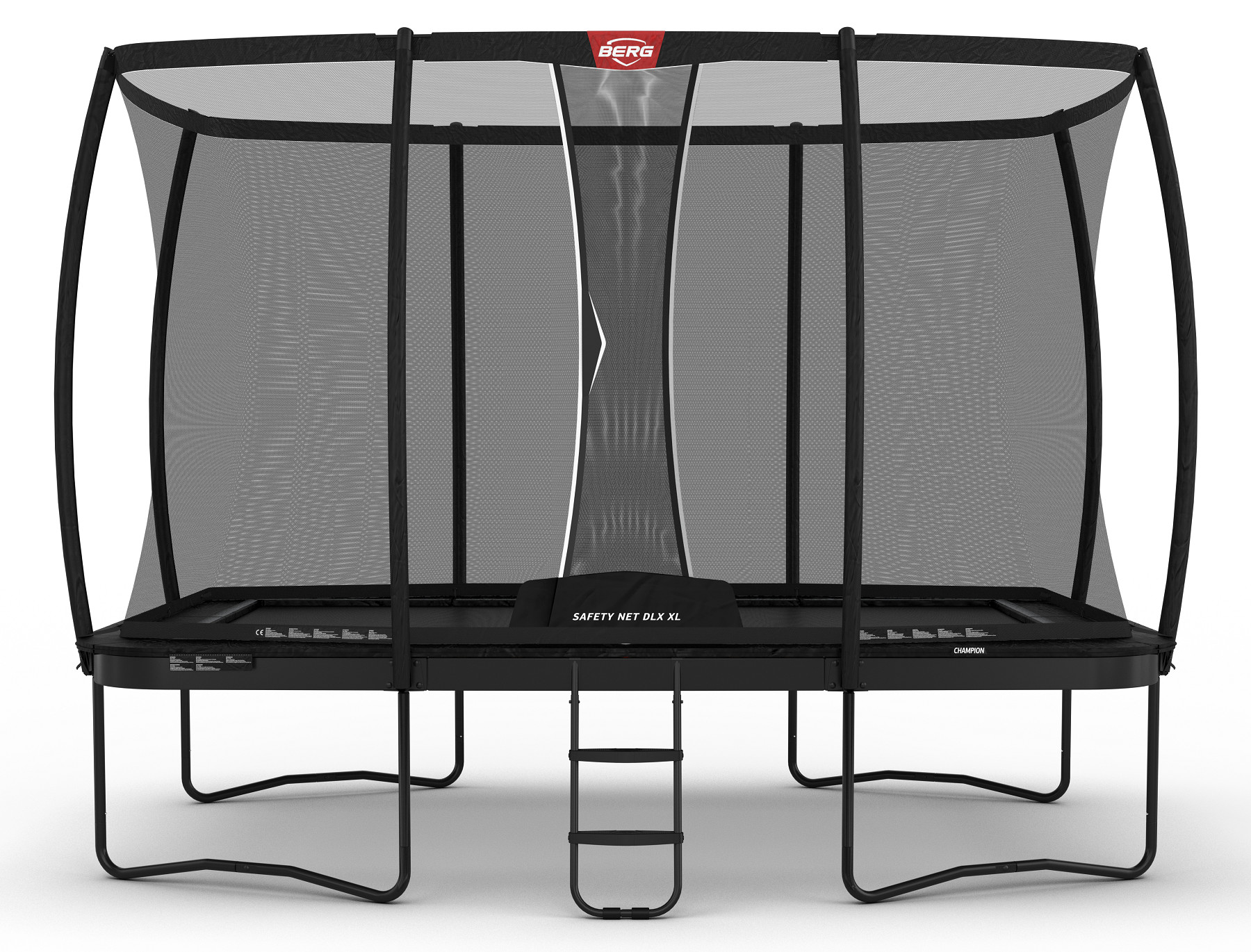 BERG Trampolin Ultim Champion mit Sicherheitsnetz - Safetynet Deluxe XL - 410 x 250 cm - Schwarz Limited Edition - mit Airflow PRO Sprungmatte