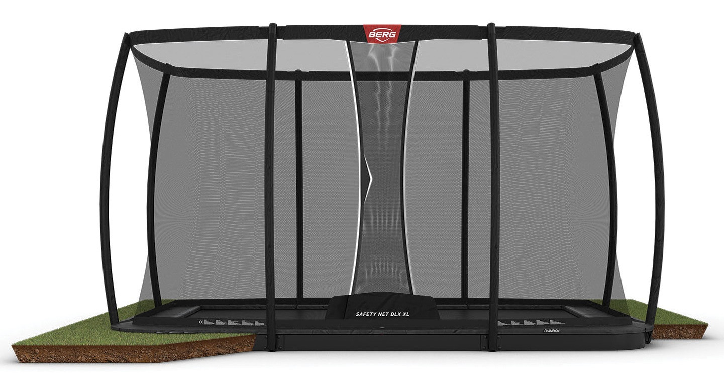 BERG Trampolin Ultim Champion mit Sicherheitsnetz - Safetynet Deluxe XL - FlatGround - 410 x 250 cm - Anthrazit Grau - mit Airflow PRO Sprungmatte - Twinspring
