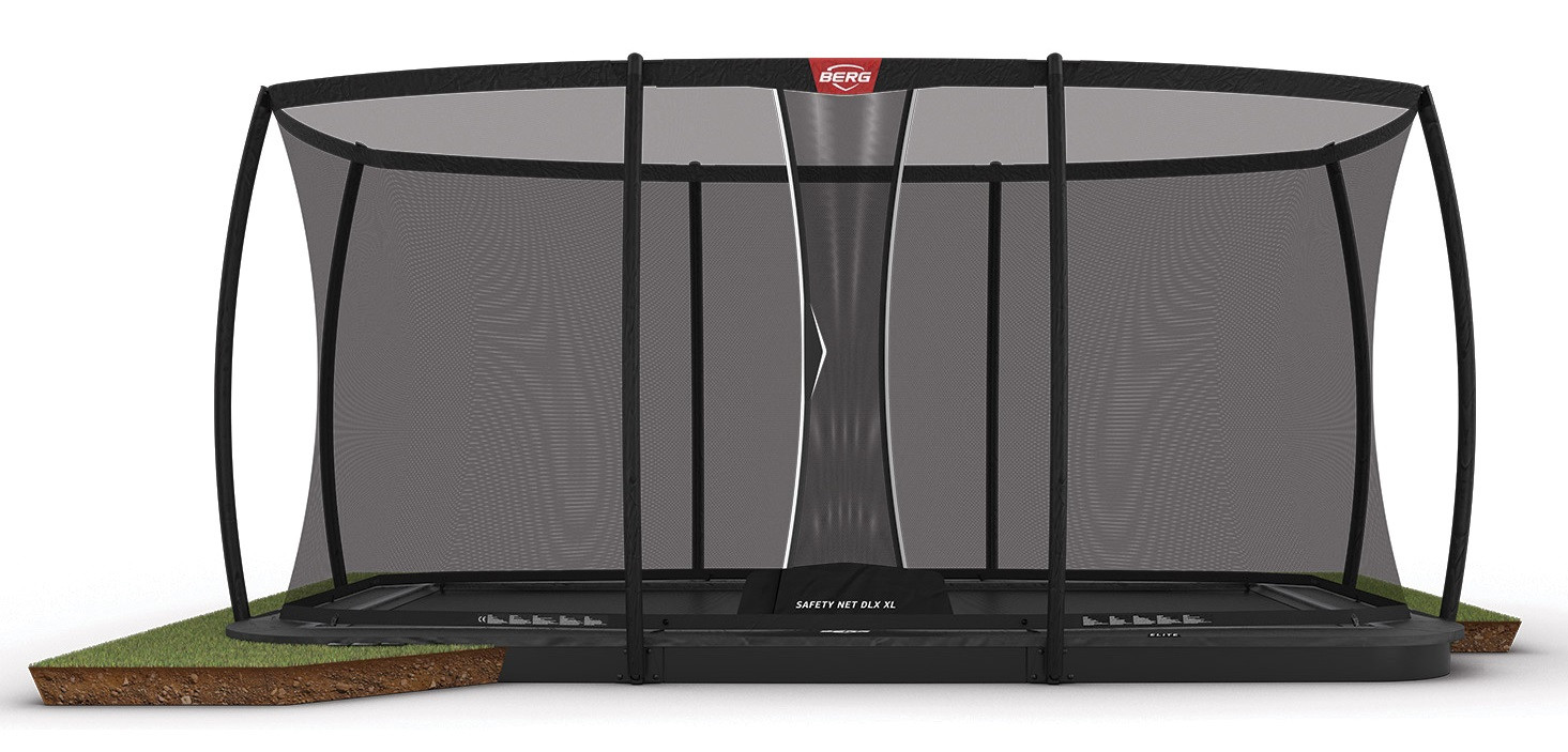 BERG Ultim Elite trampolin FlatGround - 500 x 300 cm - Anthrazit Grau + Safety Net DLX XL