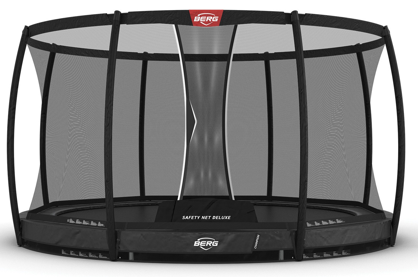 BERG Trampolin Grand Champion mit Sicherheitsnetz - Safetynet Deluxe - InGround - 470 x 310 cm - Ovale - Anthrazit Grau - Airflow PRO - Twinspring