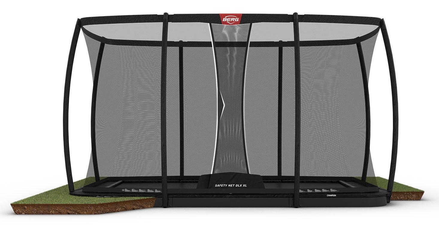 BERG Champion rechteckiges FlatGround Trampolin 410cm mit Sicherheitsnetz Deluxe XL Schwarz Limited Edition