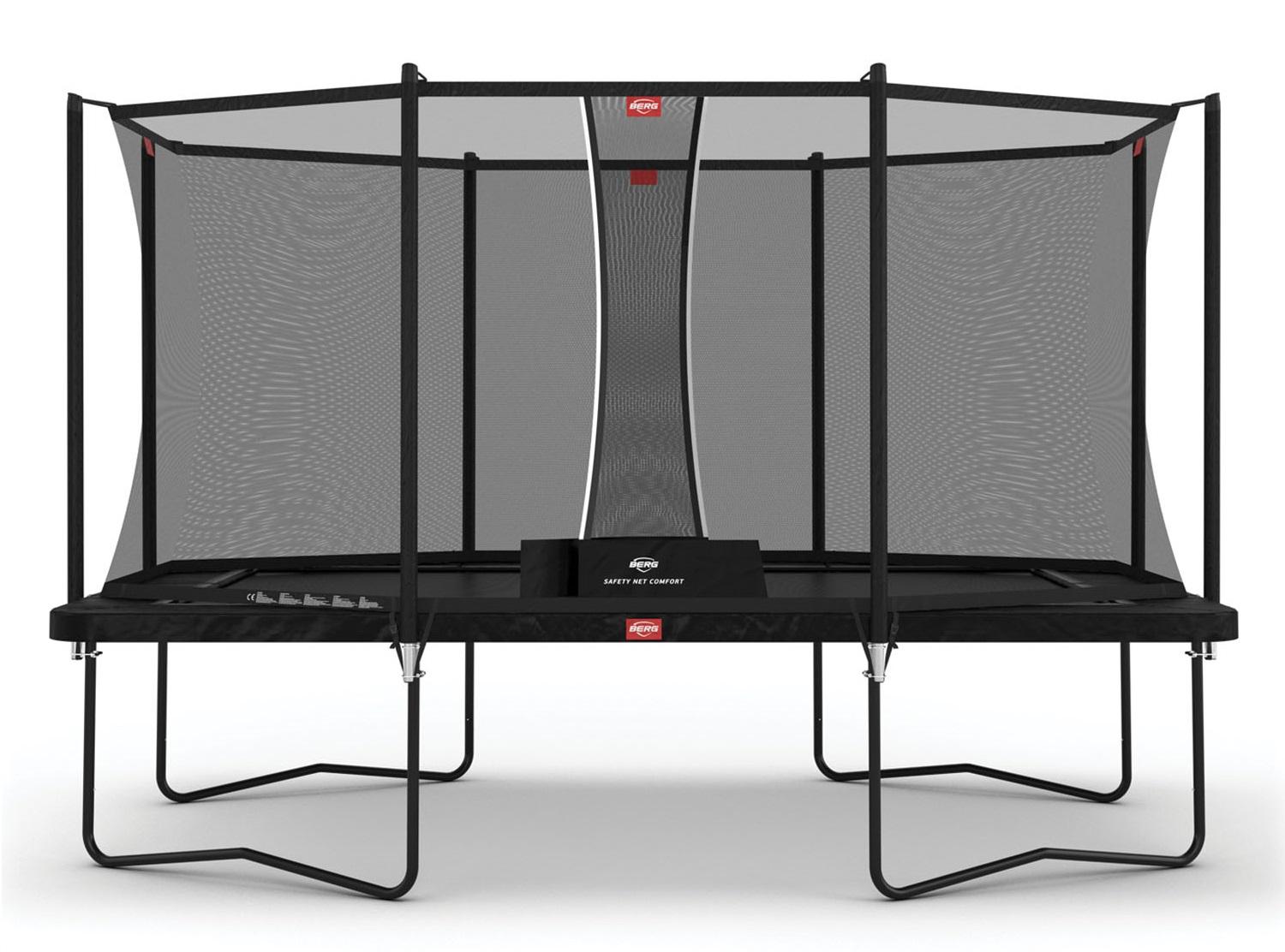 BERG Favorit rechteckiges Trampolin auf Beinen 410cm mit Sicherheitsnetz Comfort Schwarz - mit Airflow Sprungmatte