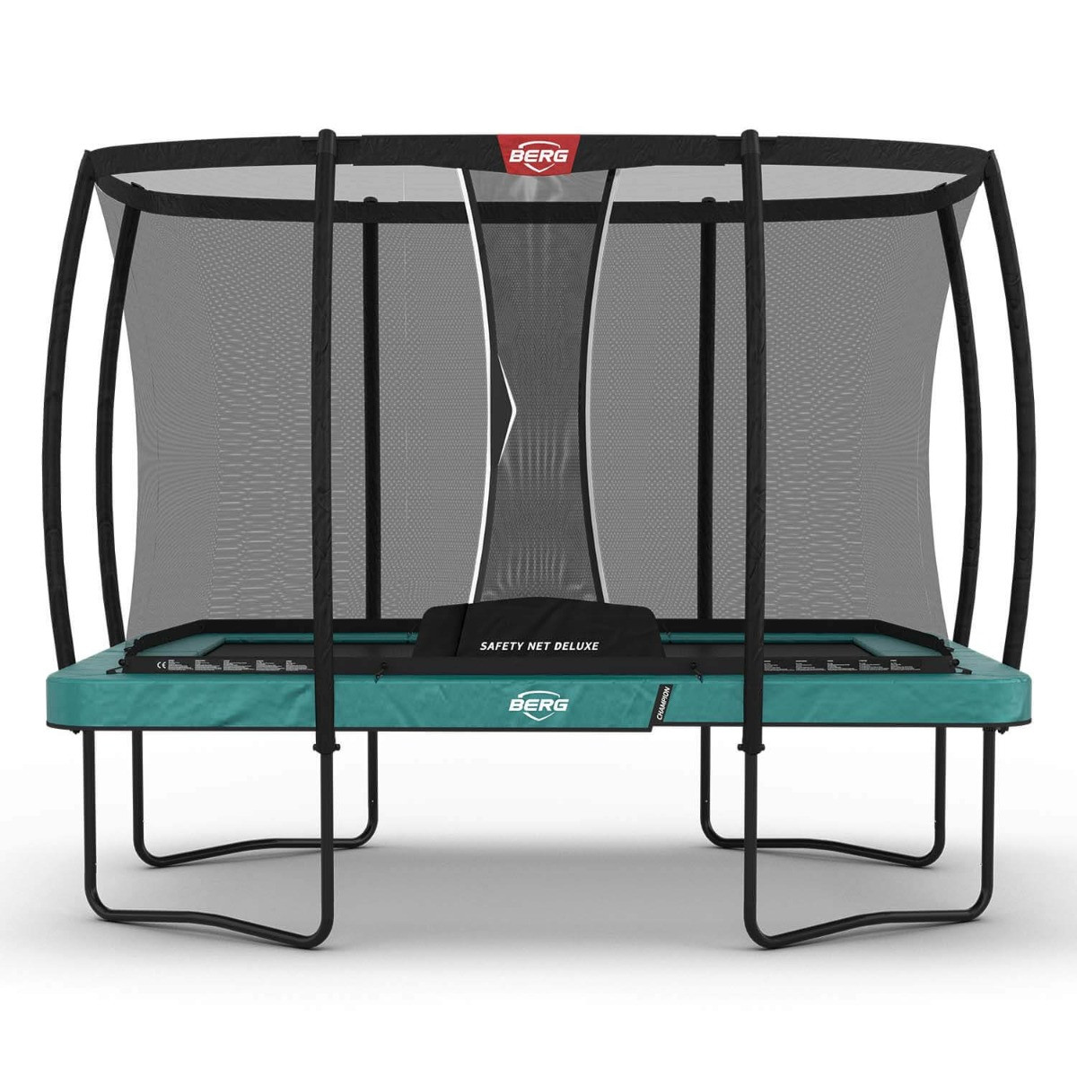 BERG Trampolin Ultim Champion mit Sicherheitsnetz - Safetynet Deluxe - 330 x 220 cm - Grün - mit AirFlow PRO Sprungmatte
